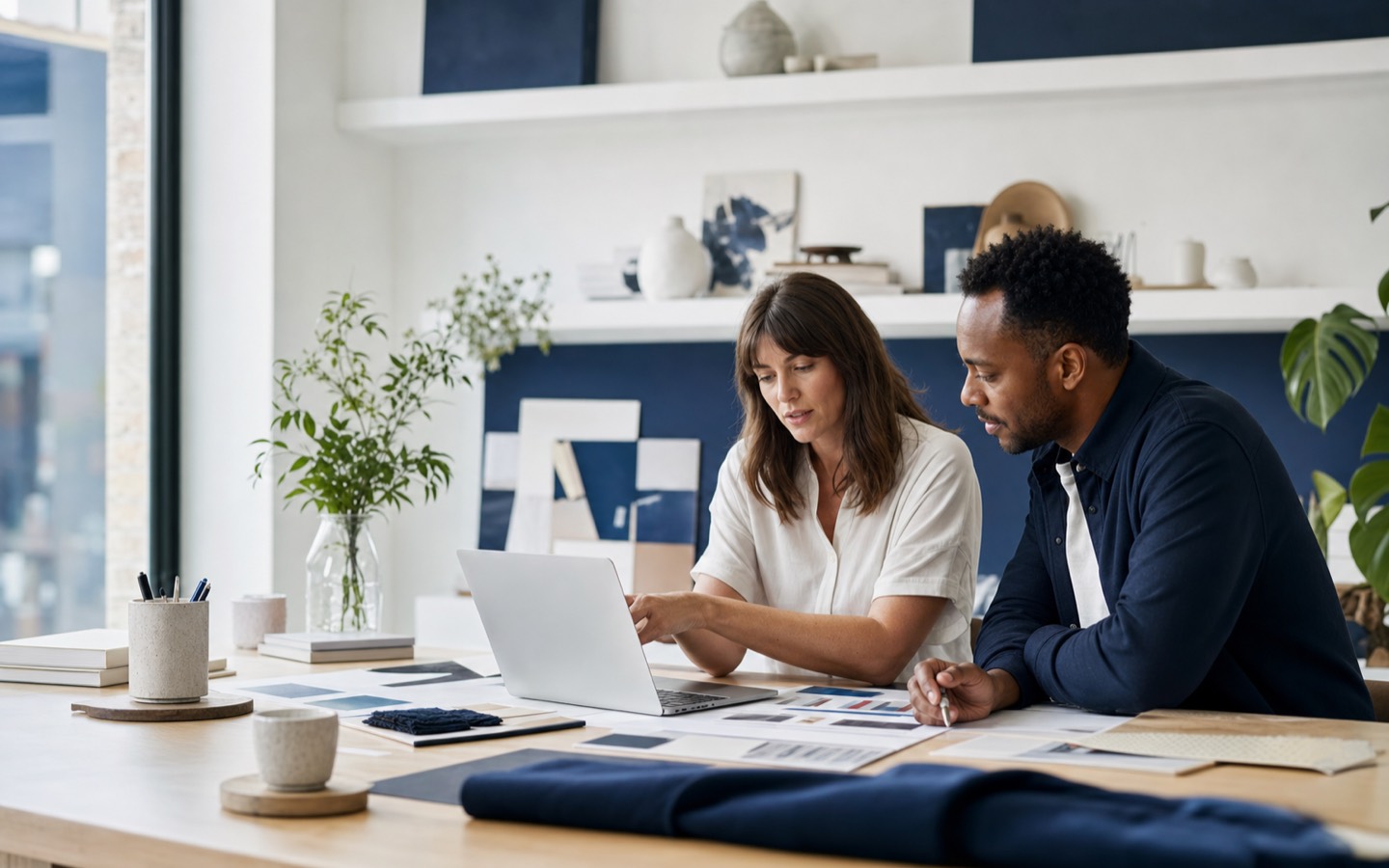 Business owner and strategist reviewing a brand and website direction